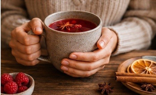 Чашка горячего фруктово-ягодного напитка с ягодами и пряностями