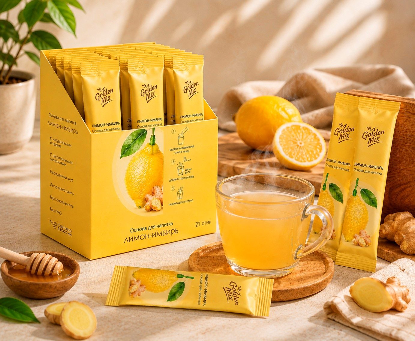 Golden Mix Лимон–имбирь рядом с чашкой готового лимонно-имбирного напитка